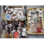 Three boxes of mixed ceramics, glassware, metalware and similar.