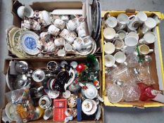 Three boxes of mixed ceramics, glassware, metalware and similar.