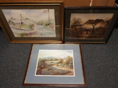 Two framed watercolours and a print, varying image sizes.