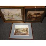 Two framed watercolours and a print, varying image sizes.