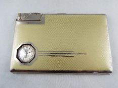 An Art Deco cigarette case or card holder with integral watch and lighter,