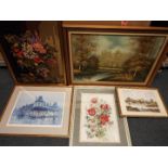 Five framed pictures to include an oil on canvas, watercolour, limited edition print and similar,
