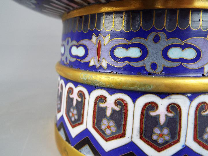 A large pair of twin handled Chinese cloisonné vases on raised foot, - Image 8 of 9