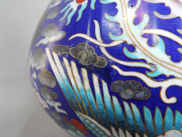 A large pair of twin handled Chinese cloisonné vases on raised foot, - Image 7 of 9