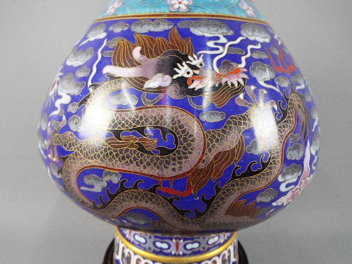 A large pair of twin handled Chinese cloisonné vases on raised foot, - Image 3 of 9