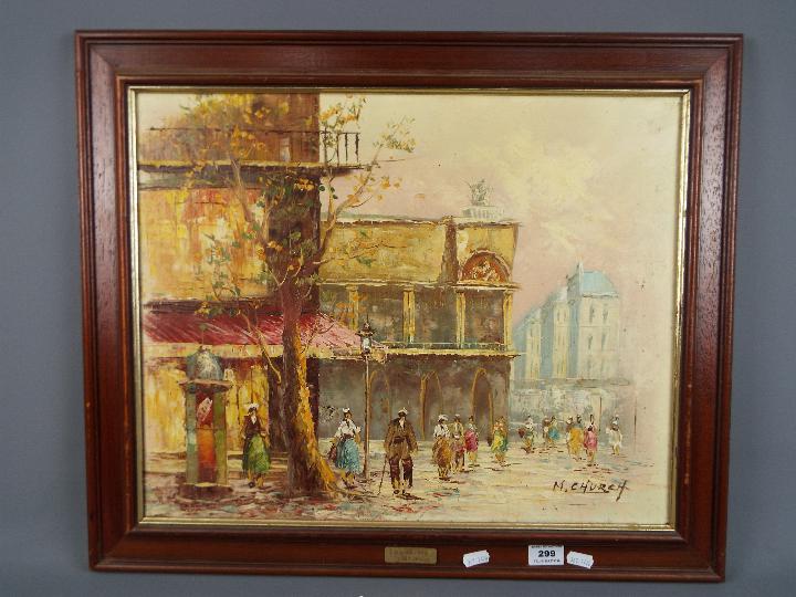 A framed oil on canvas depicting a street scene, signed lower right by the artist M Church, - Image 3 of 3