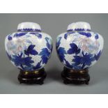 A pair of Chinese cloisonné enamel ginger jars and covers decorated with chrysanthemum on a white