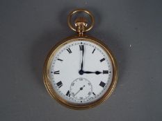 A gentleman's 9ct gold cased pocketwatch, Roman numerals to the white enamel dial,