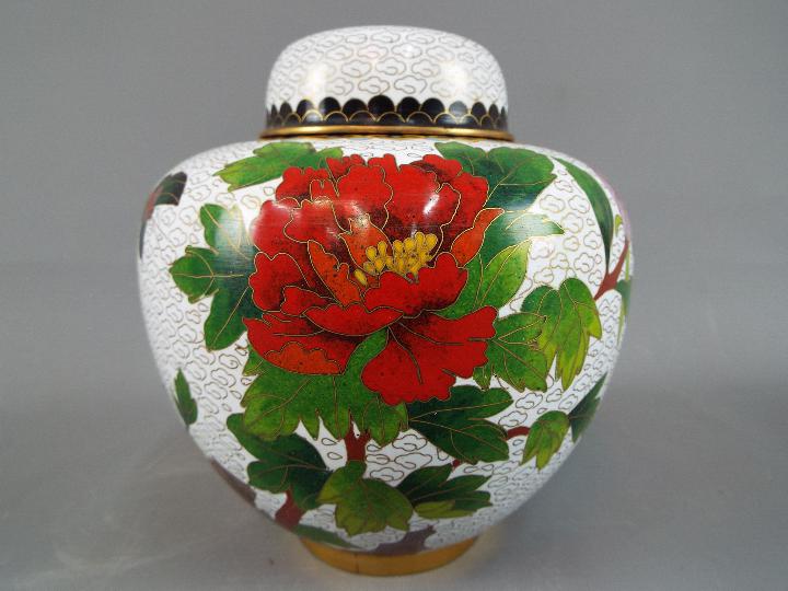 A pair of Chinese cloisonné ginger jars and covers decorated with flowers and butterfly, - Image 2 of 2