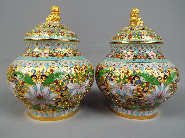 A pair of Chinese cloisonné covered vases with stylised floral decoration, - Image 2 of 4
