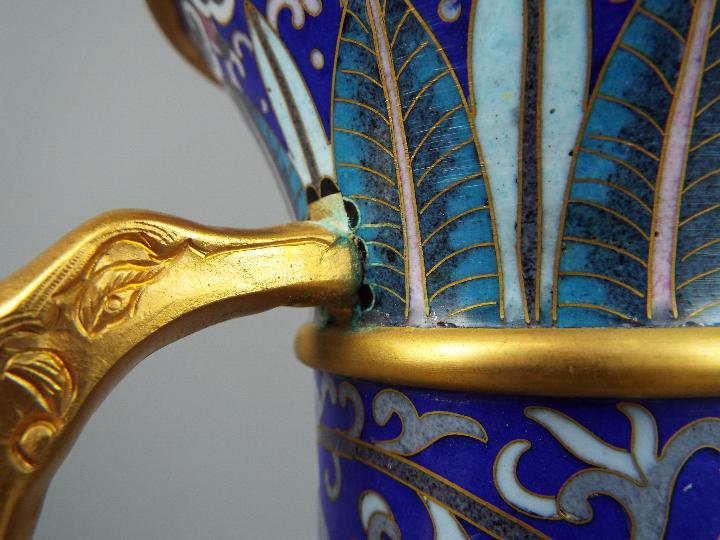 A large pair of twin handled Chinese cloisonné vases on raised foot, - Image 6 of 9