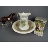 A boxed Yardley English Lavender soapdish, a ceramic model of a horse and a wash jug and bowl.