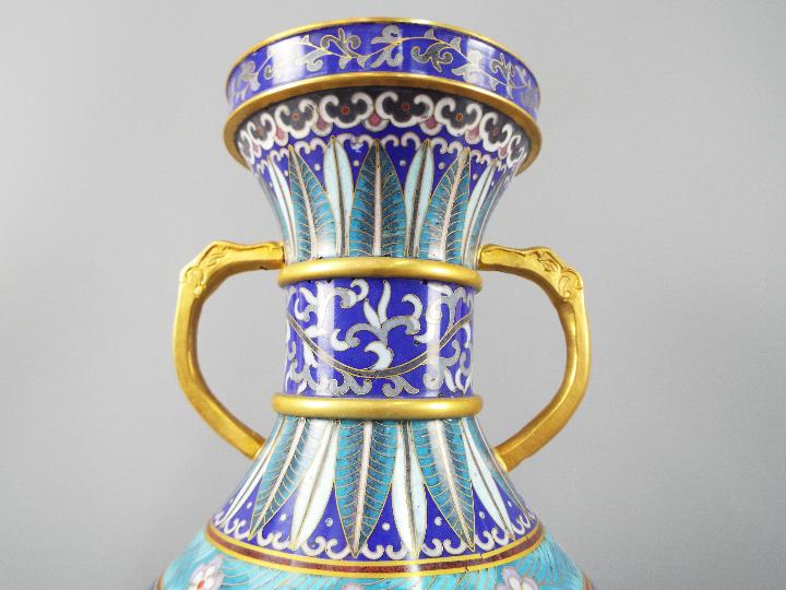 A large pair of twin handled Chinese cloisonné vases on raised foot, - Image 5 of 9