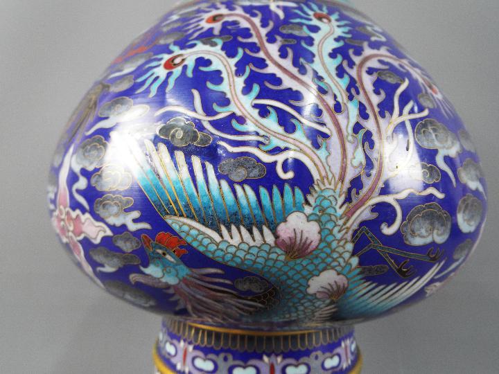 A large pair of twin handled Chinese cloisonné vases on raised foot, - Image 2 of 9