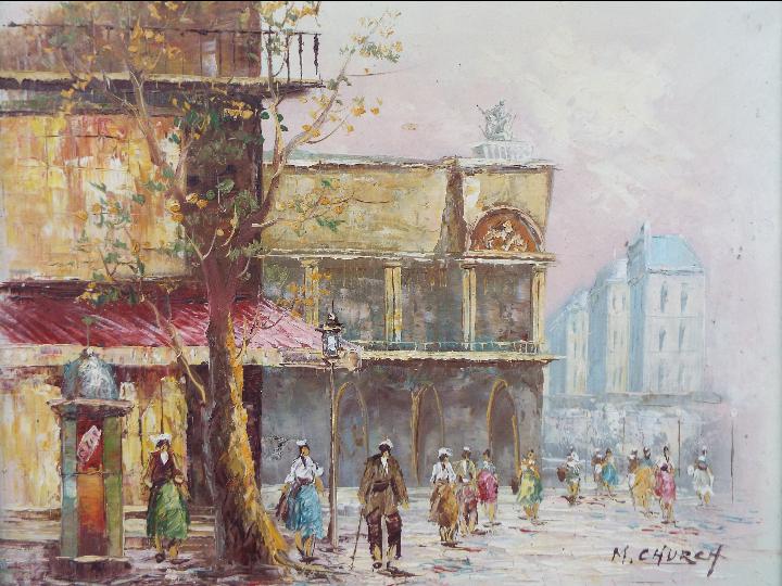 A framed oil on canvas depicting a street scene, signed lower right by the artist M Church,
