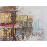 A framed oil on canvas depicting a street scene, signed lower right by the artist M Church,