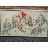 Chinese Art - A large framed watercolour by Wang Ling Ren depicting Shou Lao and the Immortals