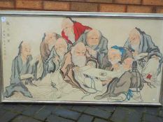 Chinese Art - A large framed watercolour by Wang Ling Ren depicting Shou Lao and the Immortals