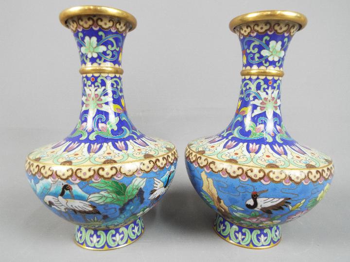 A pair of Chinese cloisonné vases decorated to the body with Red Crowned Cranes in a landscape - Image 2 of 4