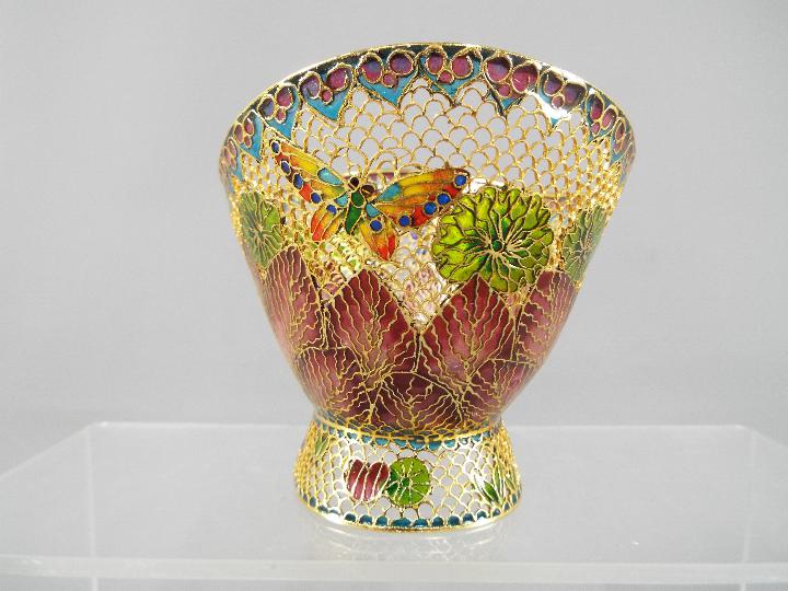 A pair of modern plique-a-jour bowls depicting stylised flowers and butterflies, - Image 3 of 3