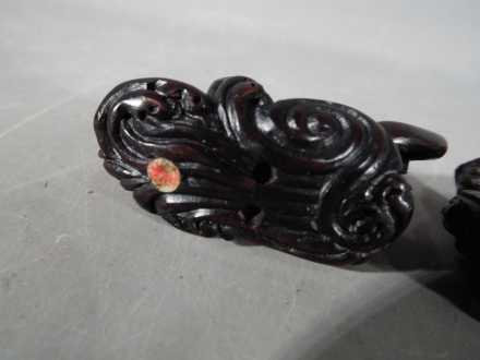 A vintage Japanese dark wood Netsuke depicting an Owl seated on a thick branch or log, - Image 5 of 5