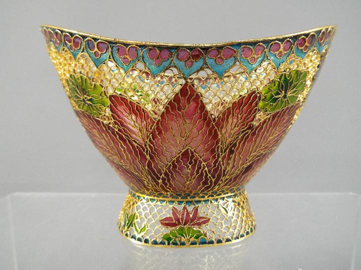 A pair of modern plique-a-jour bowls depicting stylised flowers and butterflies, - Image 2 of 3