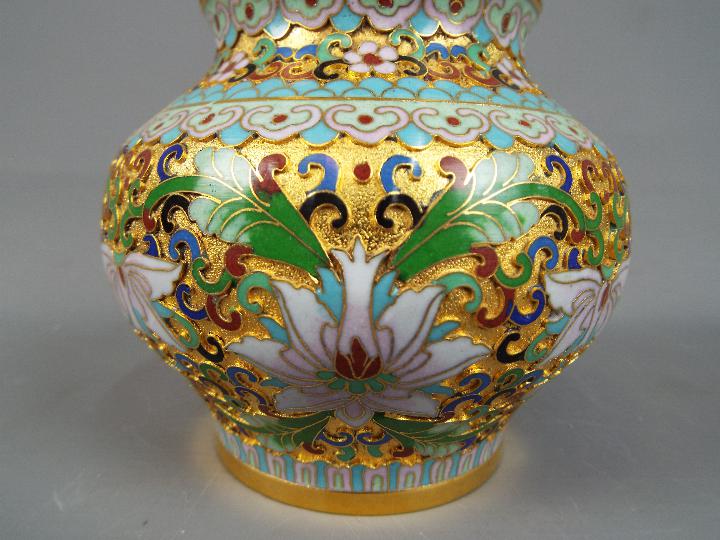 A pair of Chinese cloisonné covered vases with stylised floral decoration, - Image 3 of 4