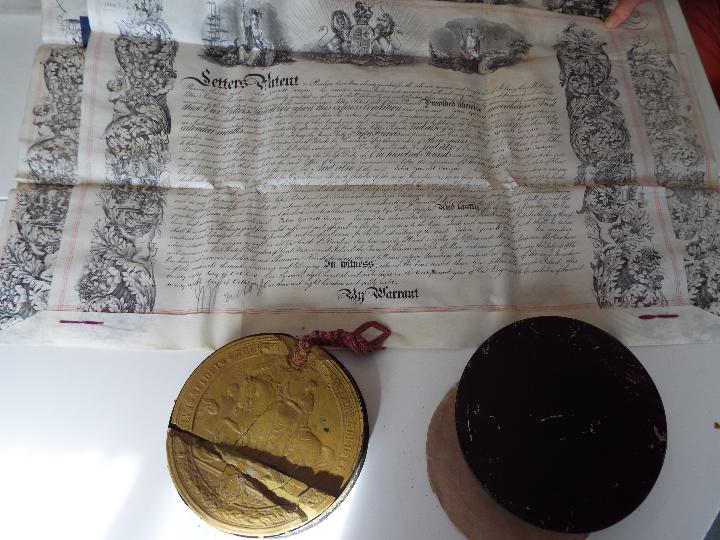 19th century Patent Scroll comprising two large sheets with attached large cased Seal relating to