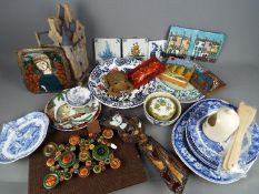 A collection of mixed ceramics, glassware, studio pottery, tiles and similar.