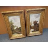 A pair of ornately framed oils on canvas depicting rural scenes, signed by the artist lower left E.