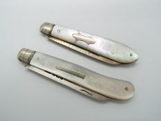 Two George V silver and mother of pearl folding fruit knives,