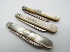 Three silver and mother of pearl folding fruit knives, all Sheffield assay,