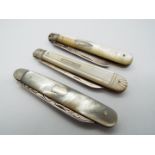 Three silver and mother of pearl folding fruit knives, all Sheffield assay,