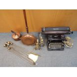 A vintage Imperial typewriter and a collection of metalware including brass fire dogs with ball and