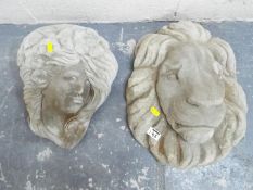 Garden Stoneware - A lot of two reconstituted stone garden decorations one a lady's face wall