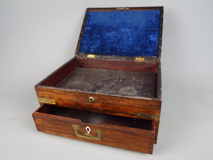 A vintage, campaign style correspondence / work box, brass mounted with flush drawer handle, - Image 2 of 4