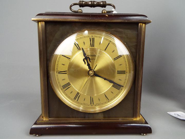 Three clocks to include a Brevete travel alarm clock, a Metamec mantel clock and similar. - Image 5 of 10