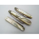 Three Victorian silver and mother of pearl folding fruit knives, all Sheffield assay,