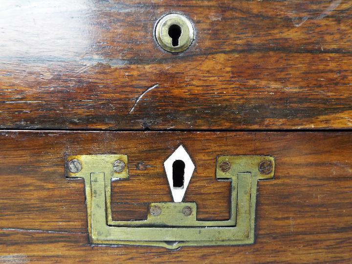 A vintage, campaign style correspondence / work box, brass mounted with flush drawer handle, - Image 4 of 4