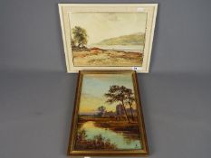 A framed oil on canvas depicting a couple beside a stream,