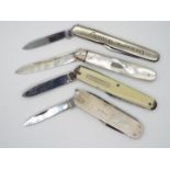 A small collection of knives to include a Victorian silver and mother of pearl example.