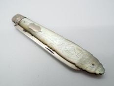 A Victorian silver and mother of pearl folding fruit knife,