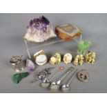 A mixed lot of collectables to include mineral samples, Oriental figurines, silver souvenir spoons,