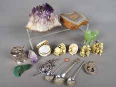 A mixed lot of collectables to include mineral samples, Oriental figurines, silver souvenir spoons,