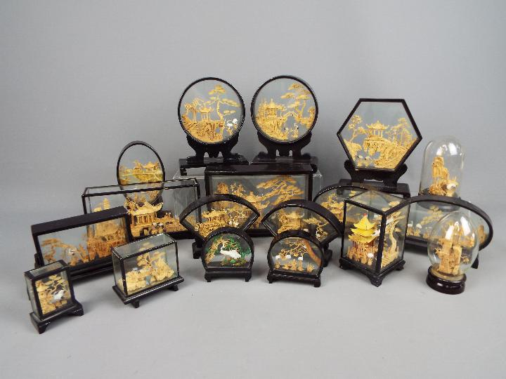 A collection of Chinese, cork landscape dioramas, in cases, varying sizes.