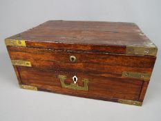 A vintage, campaign style correspondence / work box, brass mounted with flush drawer handle,