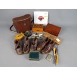 A lot to include vintage clogs, trinket boxes, some with contents, pair of cased binoculars,