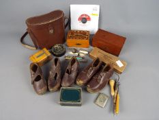 A lot to include vintage clogs, trinket boxes, some with contents, pair of cased binoculars,