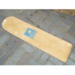 A vintage Piran Surfboards wooden belly board, approximately 121 x 30 cm.