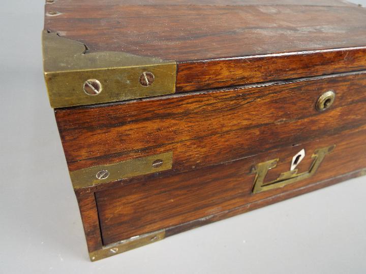 A vintage, campaign style correspondence / work box, brass mounted with flush drawer handle, - Image 3 of 4